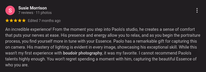 5-star Google review by Susie: An incredible experience